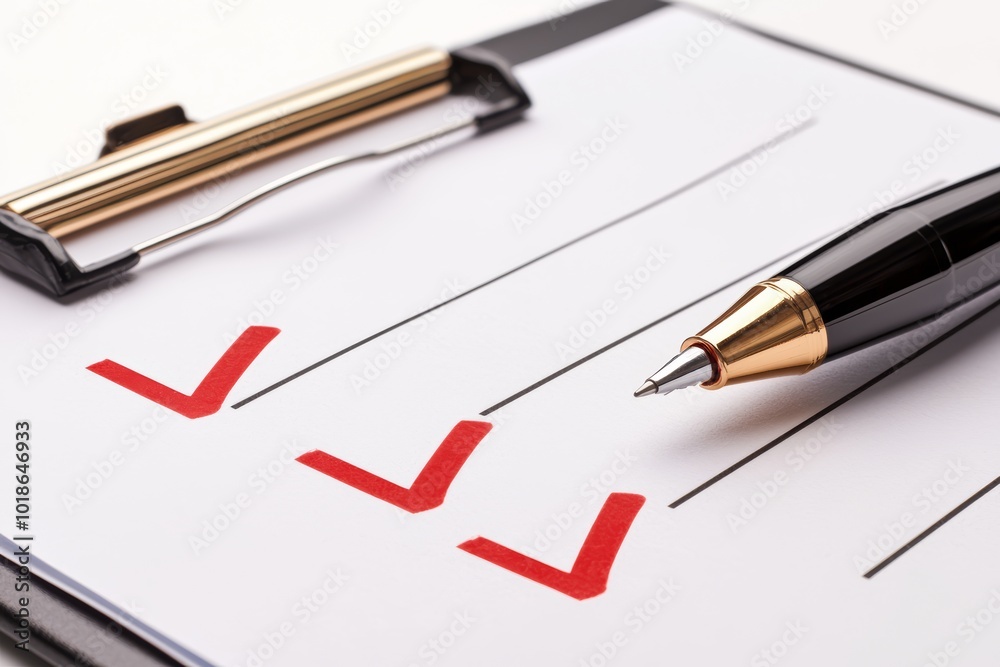 Model house next to detailed checklist with red checkmark, pen on clipboard, real estate concept, high-definition close-up Model house next to detailed checklist with red checkmark, pen on clipboard, real estate concept, high-definition close-up