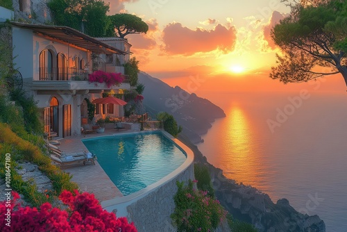 luxurious cliffside villa with infinity pool overlooking the amalfi coast at golden hour featuring mediterranean architecture and lush terraced gardens photo