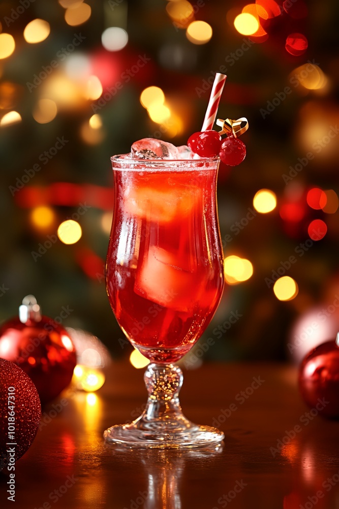 A glass of red drink with a straw and a cherry on top. The drink is in a festive atmosphere with Christmas decorations around it A glass of red drink with a straw and a cherry on top. The drink is in a festive atmosphere with Christmas decorations around it