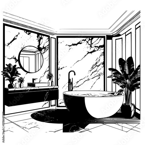 Black and white vector illustration of modern luxurious  spacious bathroom