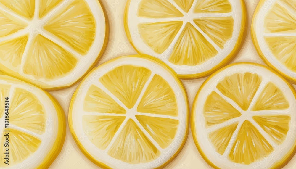 Simplified lemon slices in pastel yellow, arranged symmetrically on a cream backdrop for a refreshing, natural healing effect Simplified lemon slices in pastel yellow, arranged symmetrically on a cream backdrop for a refreshing, natural healing effect