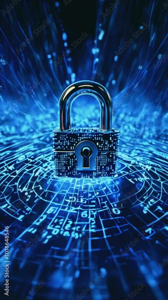A central digital lock symbol emerges, dots glowing lines. lock turns ...