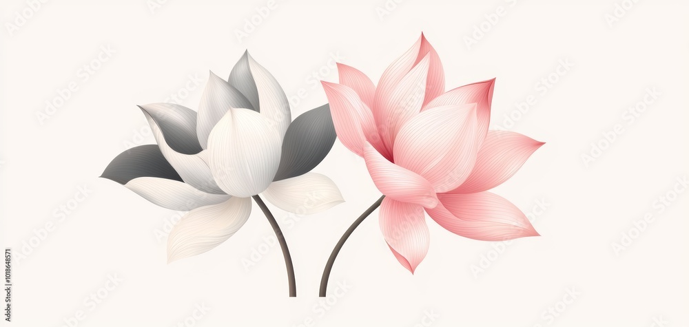Simplified lotus flowers in muted tones of pink and grey, gently scattered on a soft cream background for a minimal look Simplified lotus flowers in muted tones of pink and grey, gently scattered on a soft cream background for a minimal look