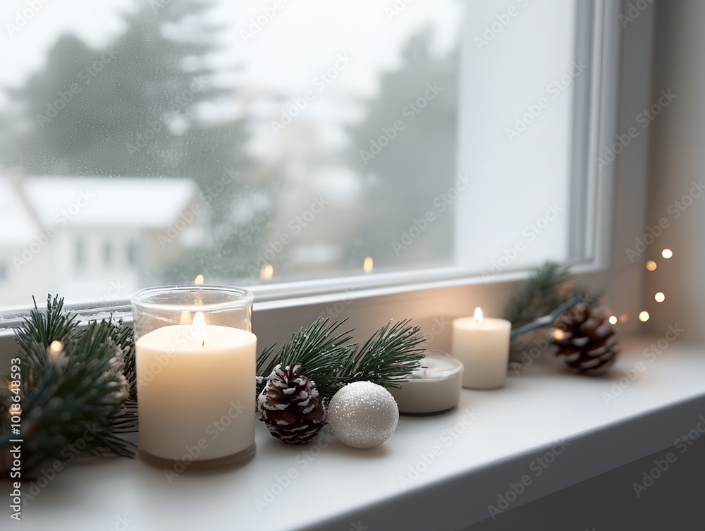 A window sill with candles and pine cones. The candles are lit and the pine cones are arranged around them. Scene is cozy and warm, perfect for the holiday season A window sill with candles and pine cones. The candles are lit and the pine cones are arranged around them. Scene is cozy and warm, perfect for the holiday season