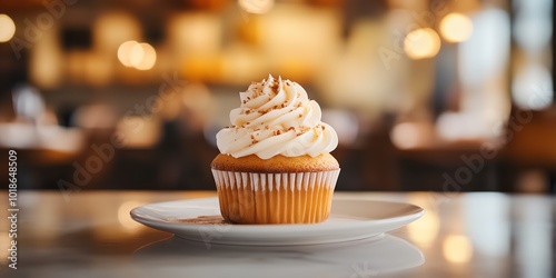 A cupcake with a frosting swirl sits on a white plate. The cupcake is the main focus of the image, and the frosting swirl adds a decorative touch. The scene is set in a restaurant or bakery