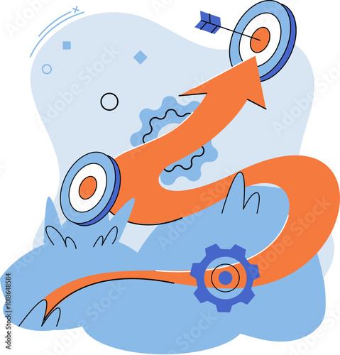 Flexibility. Shown are multiple bullseyes connected by a curved orange arrow. An arrow hits the final target, symbolizing achieving goals. Ideal for business strategies, goal setting, success