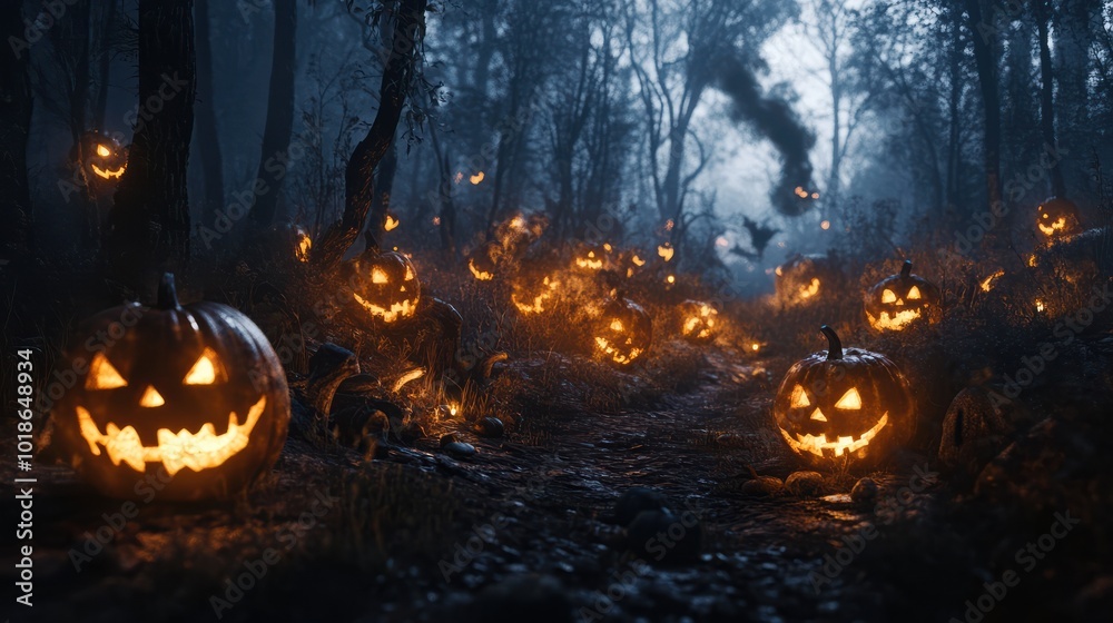 Jack Oâ Lanterns In Spooky Forest With Ghost Lights - Halloween Background