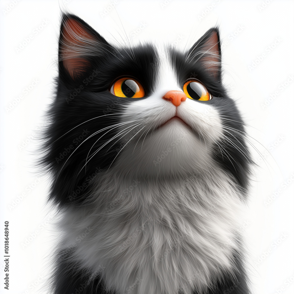 Fototapeta premium Closeup Black with White Fluffy Cat on Plain White Background