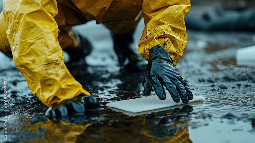 A close-up of a worker's gloved hands, in a yellow protective suit, carefully placing absorbent pads into the oil-slicked water to clean up a spill. A close-up of a worker's gloved hands, in a yellow protective suit, carefully placing absorbent pads into the oil-slicked water to clean up a spill.