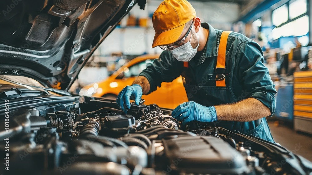 Mechanic working on car engine with tools in a garage environment. Mechanic working on car engine with tools in a garage environment.