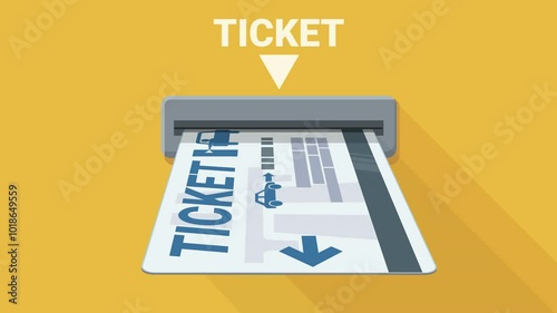 Animation of a credit card format toll ticket with its magnetic strip coming out of the slot of a yellow automatic device in flat design style