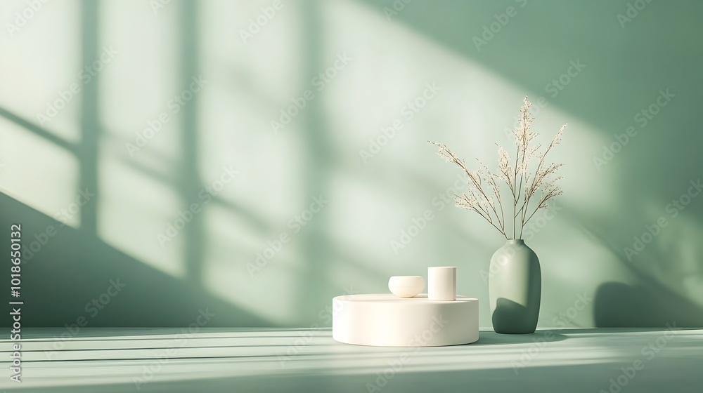 Minimalist and stylized product photography set with muted sage walls and flooring featuring a simple white podium with soft shadow details from the warm natural lighting Minimalist and stylized product photography set with muted sage walls and flooring featuring a simple white podium with soft shadow details from the warm natural lighting