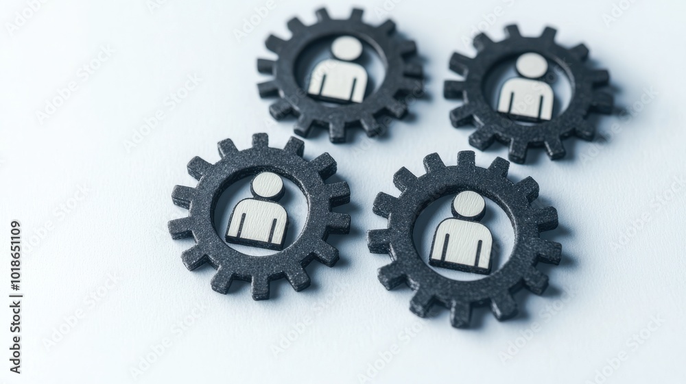 Four gears with human figures inside, symbolizing teamwork, collaboration, and the mechanics of working together in a business environment. Four gears with human figures inside, symbolizing teamwork, collaboration, and the mechanics of working together in a business environment.