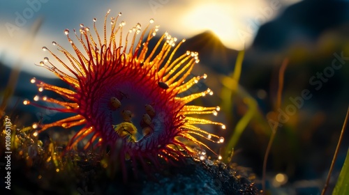 Glistening Sundew Trap:Macro Shot of Carnivorous Plant with Stuck Insects