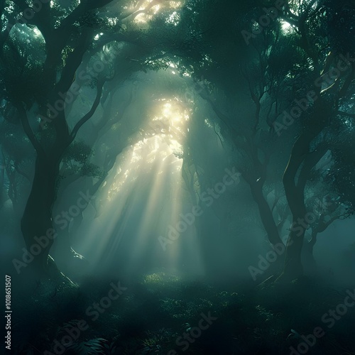 Mystical forest with fog and sunlight streaming through trees
Foresta mistica con nebbia e luce solare che filtra attraverso gli alberi photo