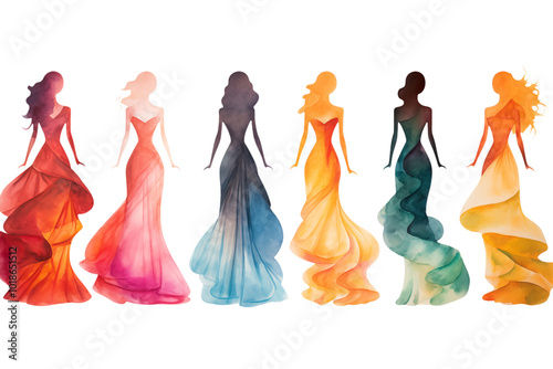 Watercolor silhouette of woman isolated on transparent background.