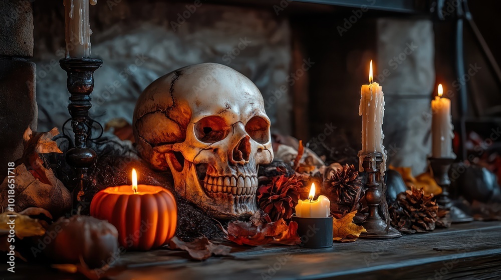 Mystical Halloween still-life background. Skull, candlestick with candles, old fireplace. Horror and witchery. Mystical Halloween still-life background. Skull, candlestick with candles, old fireplace. Horror and witchery.