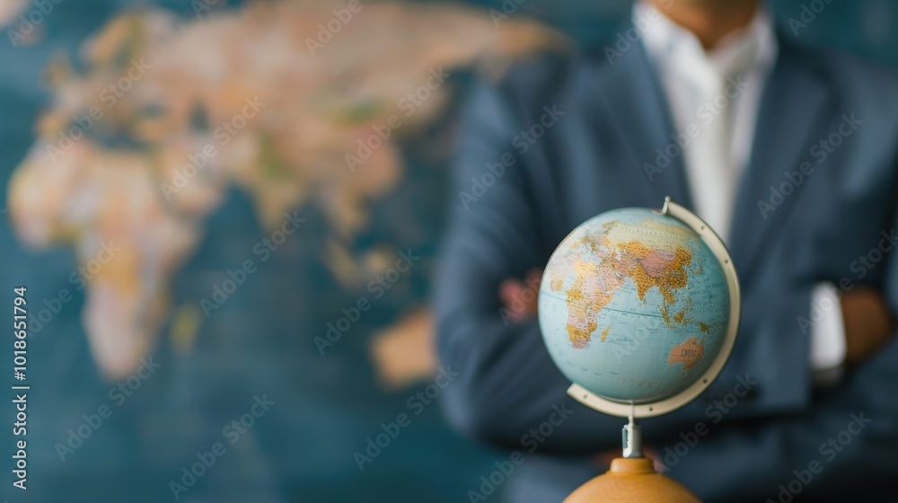 Fototapeta premium Businessman Standing Behind Globe with World Map