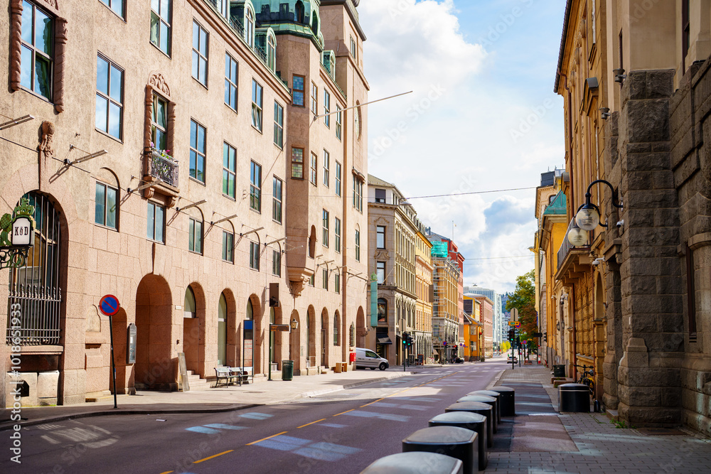 Fototapeta premium View down a city street in Oslo Norway