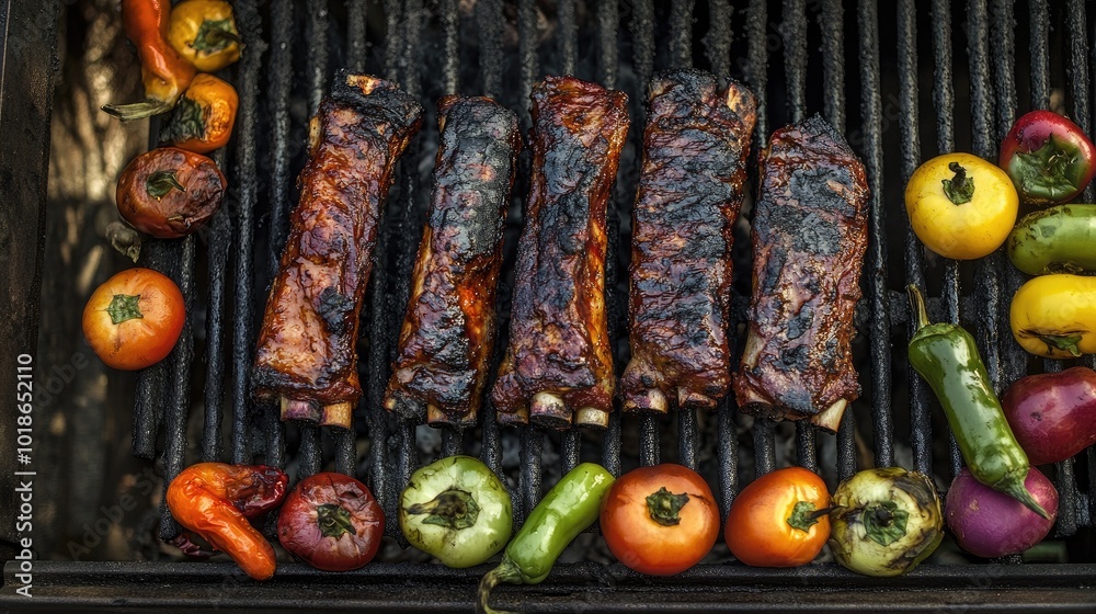 Grilled Ribs and Colorful Vegetables on BBQ Grill Grilled Ribs and Colorful Vegetables on BBQ Grill