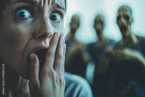 A person with a hand covering their mouth in shock, with blurry figures in the background spreading slanderous rumors