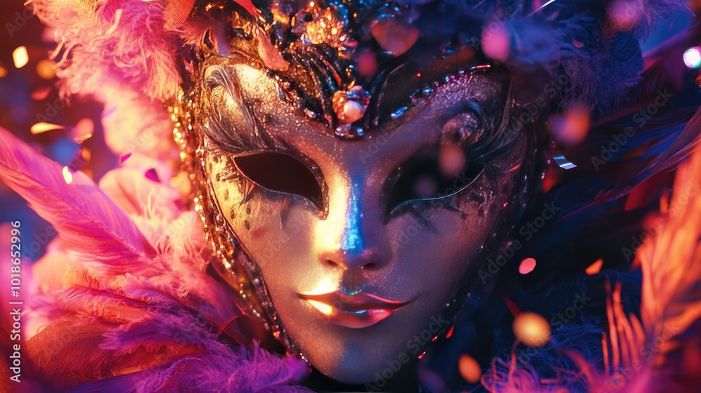 A close-up shot of a dazzling carnival mask adorned with feathers, glitter, and beads, resting on a vibrant backdrop of fabric and confetti, capturing the festive spirit. A close-up shot of a dazzling carnival mask adorned with feathers, glitter, and beads, resting on a vibrant backdrop of fabric and confetti, capturing the festive spirit.