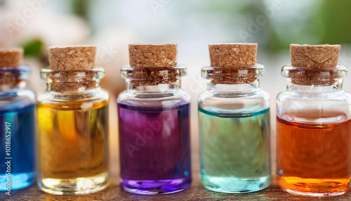 Small corked glass bottles with colorful liquids.