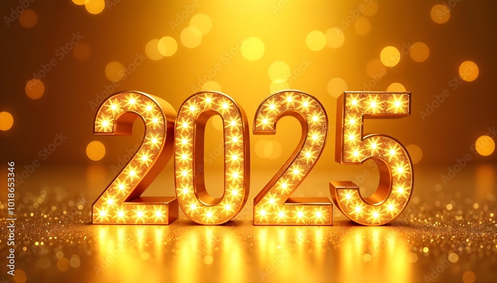 Golden 2025 text with lights against a blurred golden background Golden 2025 text with lights against a blurred golden background
