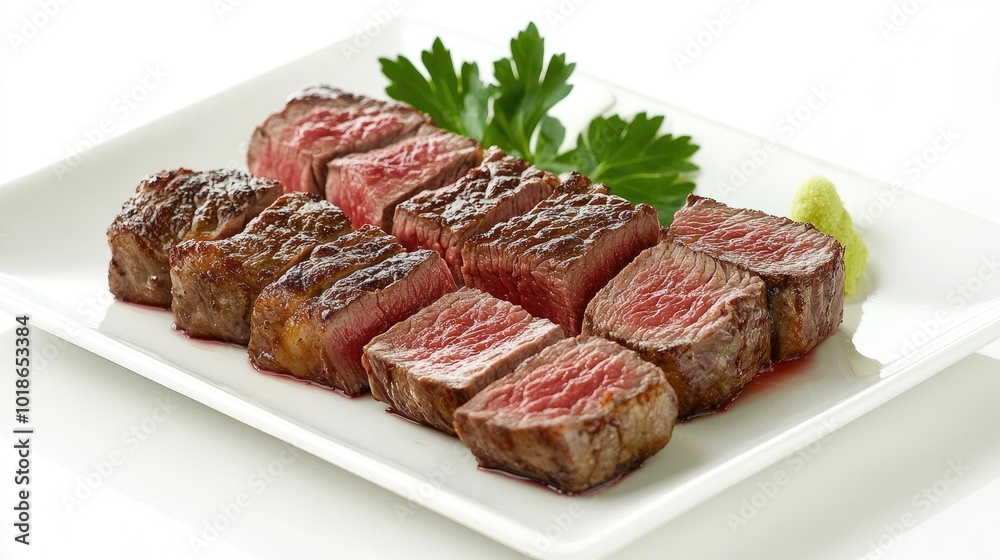 Succulent Steak Platter on Elegant White Plate Succulent Steak Platter on Elegant White Plate