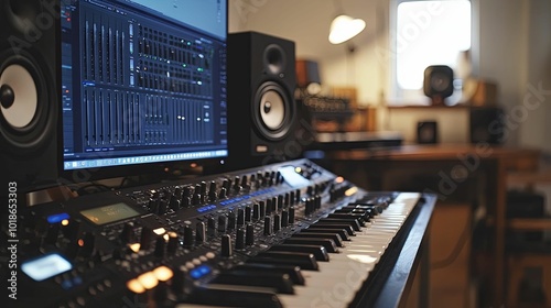 Close-up of a Music Production Workstation with a Keyboard and a Computer Monitor Showing an Audio Mixer