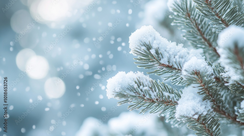 Snow-Covered Pine Branch with a Blurred Background Snow-Covered Pine Branch with a Blurred Background