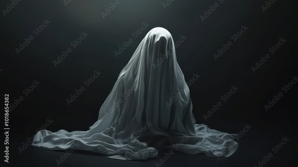 Scary ghost on dark background. Ghost in a white sheet. Ghost in a sheet floating in the air. Scary ghost on dark background. Ghost in a white sheet. Ghost in a sheet floating in the air.