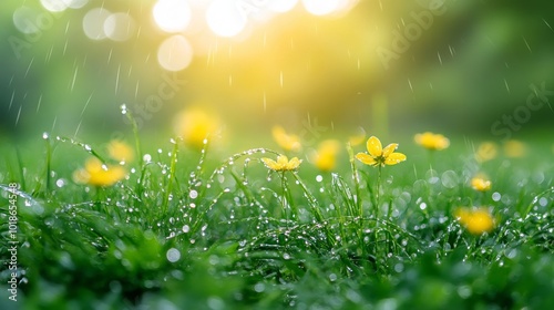 Yellow Flowers and Grass in the Rain