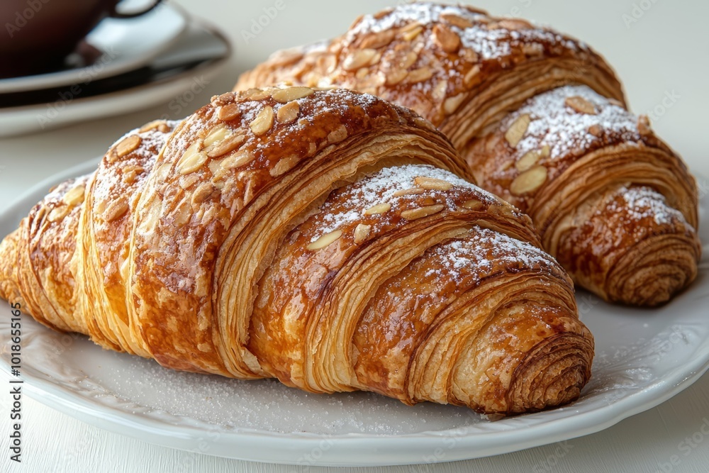 Almond croissant with powdered sugar on white background  , free space text, copy space, copy space for text,