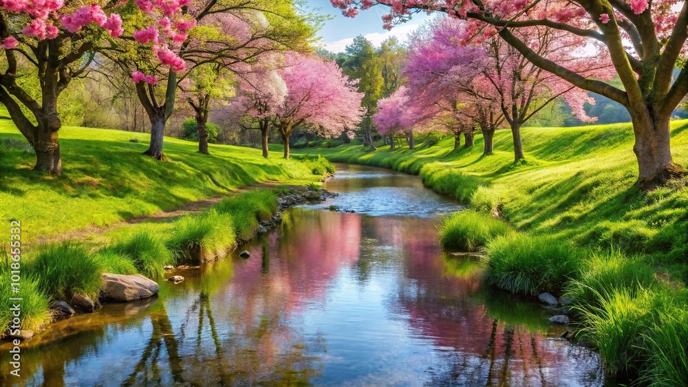 Beautiful stream with pink flowers, grass, trees, and natural landscape Beautiful stream with pink flowers, grass, trees, and natural landscape