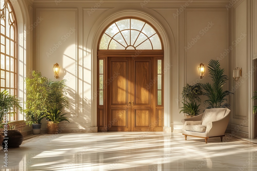 luxurious interior showcasing beige wooden wall panels classic moldings and modern design elements bathed in warm light perfect for a highend product mockup luxurious interior showcasing beige wooden wall panels classic moldings and modern design elements bathed in warm light perfect for a highend product mockup