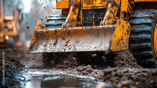 Yellow Excavator Scooping Mud During Construction