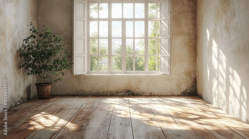 Natural light fills an empty room with a large window and a potted plant, creating a peaceful and serene atmosphere during the day Natural light fills an empty room with a large window and a potted plant, creating a peaceful and serene atmosphere during the day
