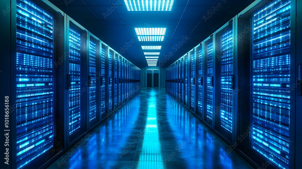 Modern Server Room with Glowing Blue Servers and a Reflective Floor