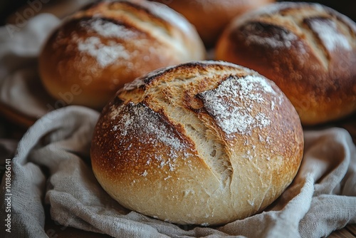 Bread and wheat flour powder with cloth napkin at table. Homemade bread on wooden tabletop , free space text, copy space, copy space for text,