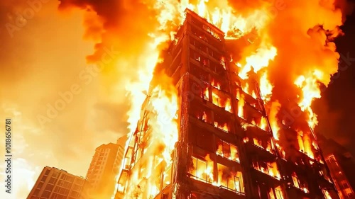 A building is on fire with orange flames and smoke. The sky is cloudy and the sun is setting