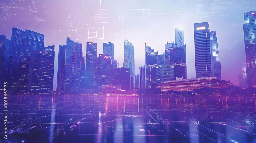 Modern City Skyline with Digital Overlay and Purple Hues at Sunset Modern City Skyline with Digital Overlay and Purple Hues at Sunset