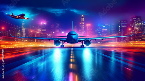 Airplane Taking Off from Runway in Futuristic City with Neon Lights