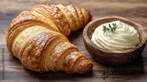 Croissant and cream on wooden table.  , free space text, copy space, copy space for text, photo