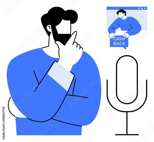 Man thinking with hand on chin, next to a large microphone, and a browser window showing cash back. Ideal for podcast business, financial planning, savings, marketing strategy, digital content