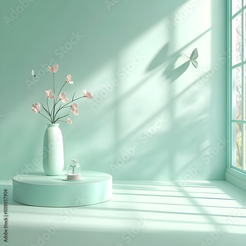 Tranquil 3D studio environment with a soft mint green background bare floor and wall product presentation pedestal window shadow effect on the countertop