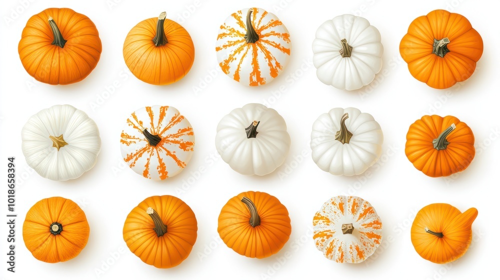 Variety of autumn pumpkins, top view isolated on a white background. Assorted shades of orange and white. Variety of autumn pumpkins, top view isolated on a white background. Assorted shades of orange and white.