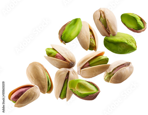Pistachios nuts falling isolated on white background, cut out 