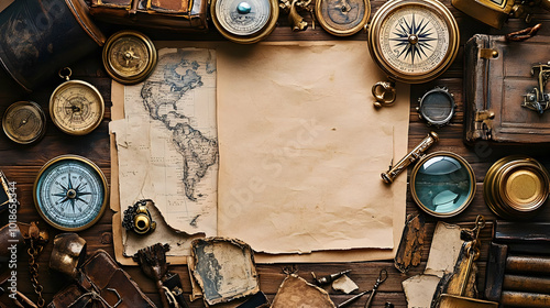 Antique Compasses and Map Arrange on Desk with Vintage Travel Theme