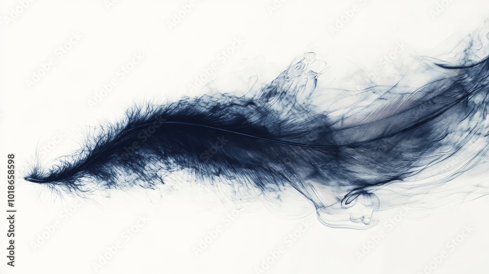 Fototapeta premium Abstract Smoke-like Dark Blue Feather on a White Background